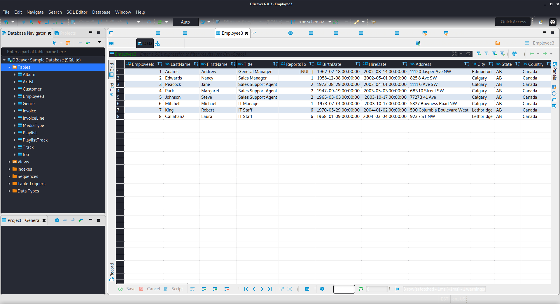 Image of the Employees table in the database