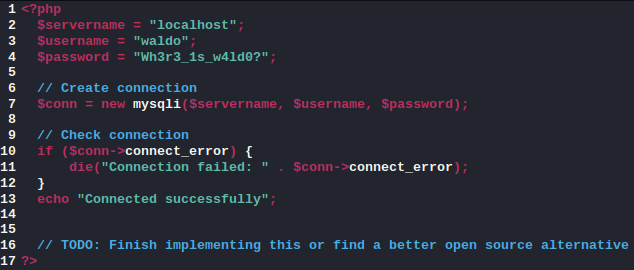 PHP file containing waldo user credentials