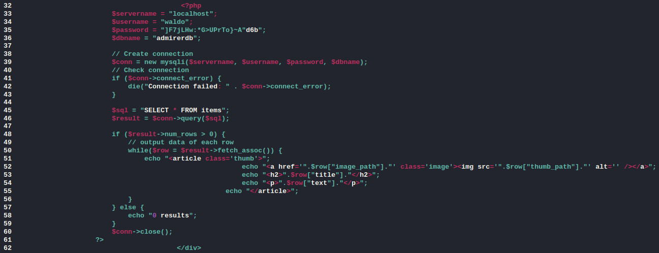 Another password for Waldo in the index.php file