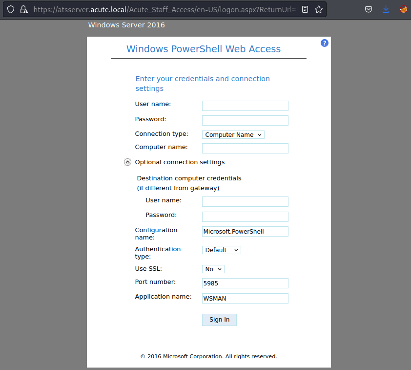 PowerShell Web Acces login page