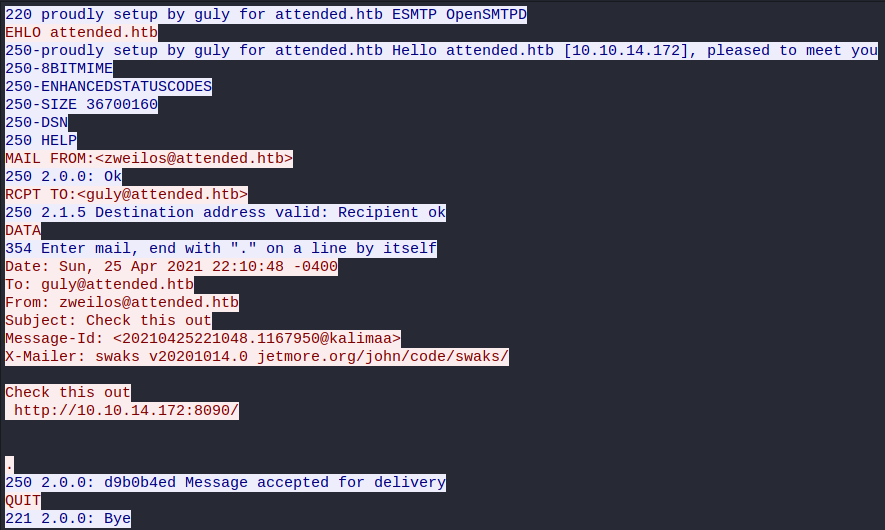 Wireshark output showing my phishing emails were successfully sent