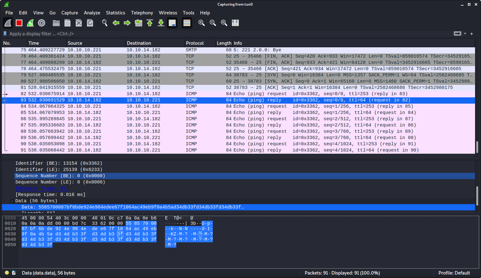 The upgraded dead beef test in wireshark output