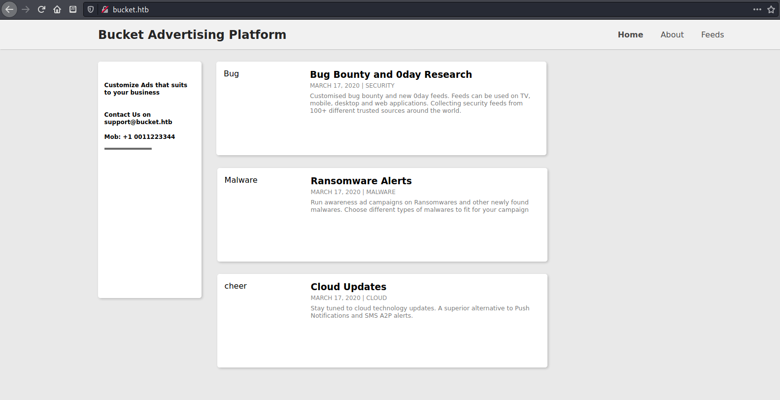 A website called Bucket Advertising Platform that talks about bug bounties and 0day research
