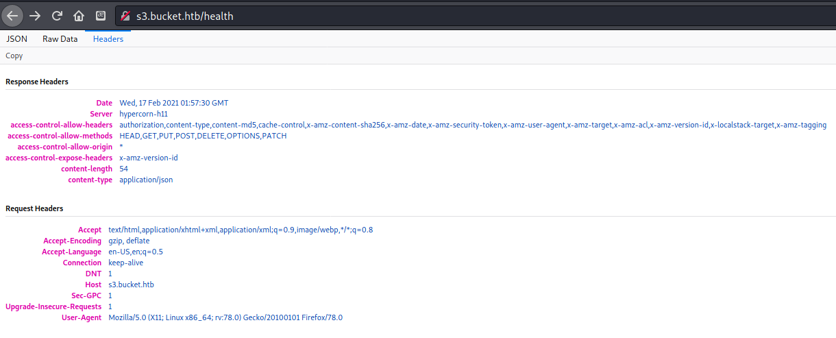 More information about the headers from the health endpoint showing hypercorn