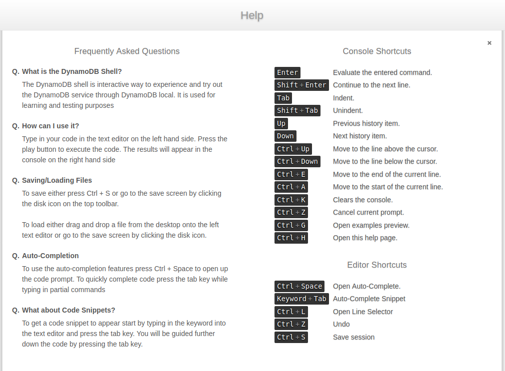 The DynamoDB help page with console shortcuts