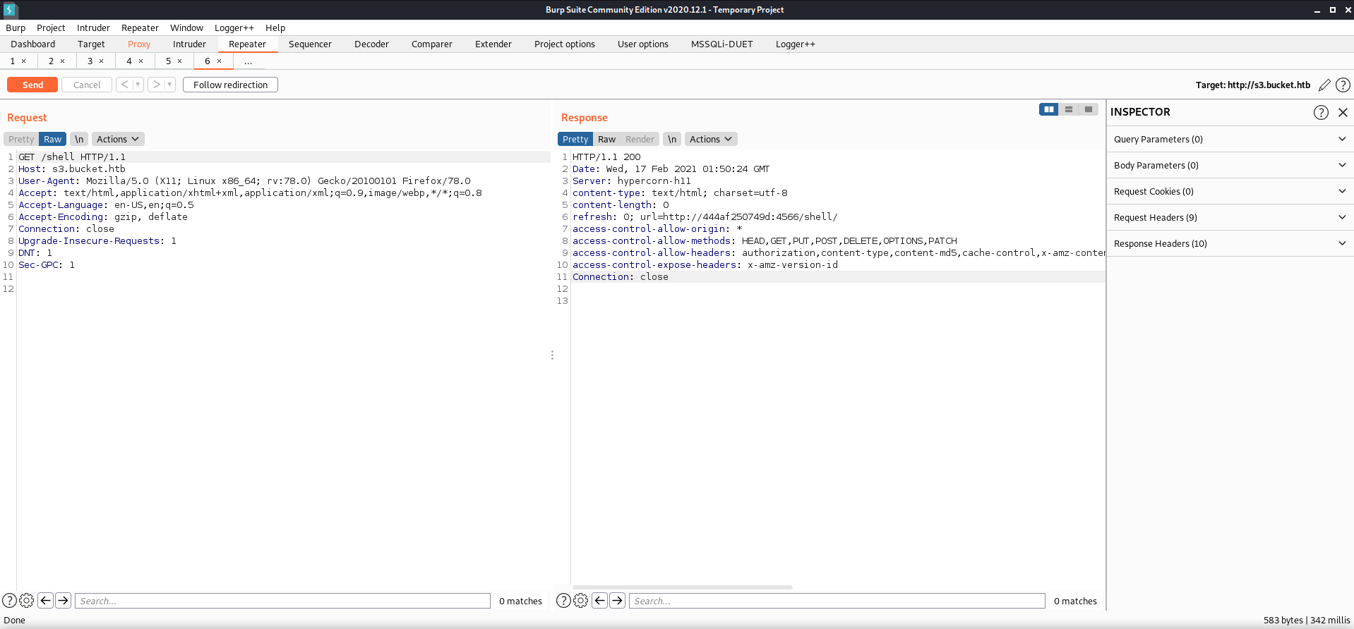 Burp suite output showing what the redirect to shell looked like