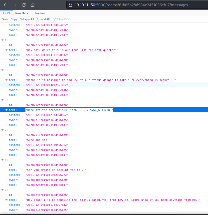 Json output showing the chat history for the status chat room