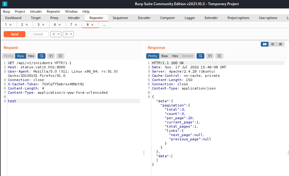 Using Burp suite to get json output from the incidents API