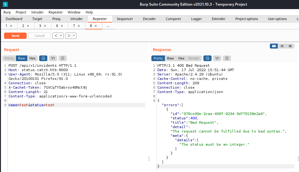Using Burp suite to get json error message from the incidents API