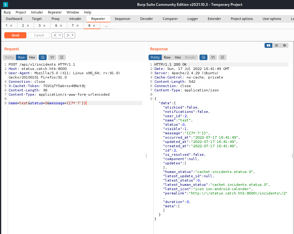 Using Burp suite to get valid json message from the incidents API