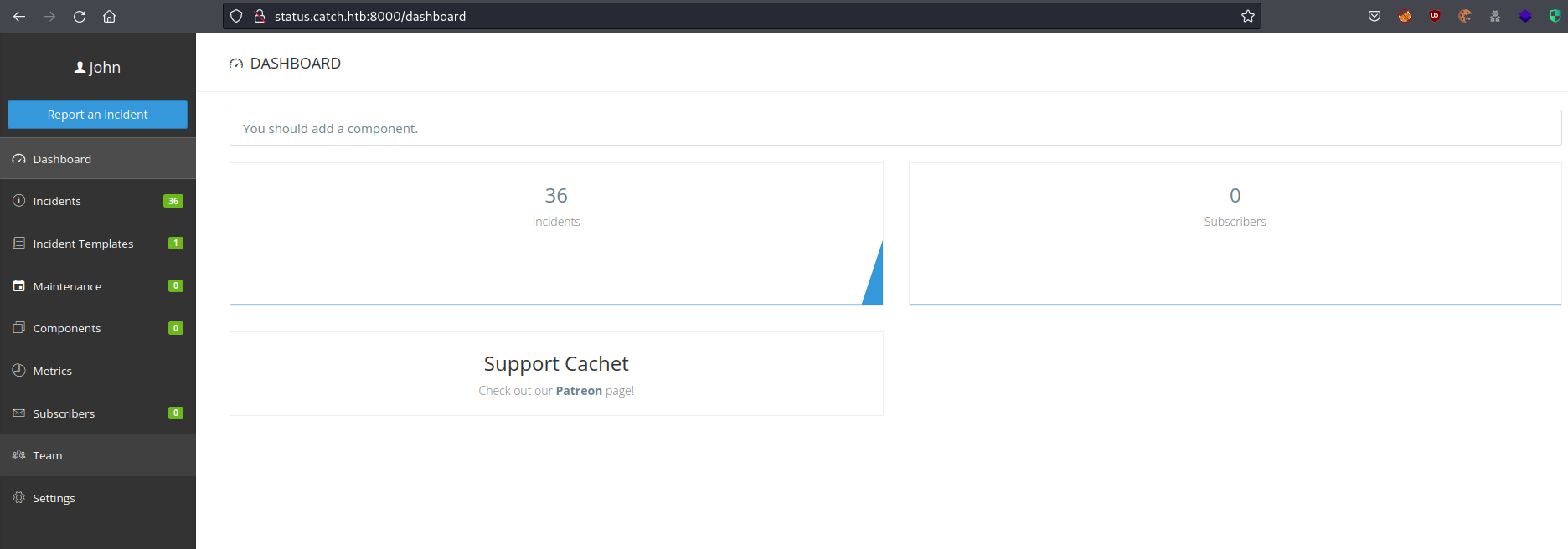 The incident dashboard after logging in to cachet