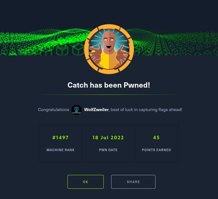 Proof that the machine Catch had been finished by zweilosec on hack the box