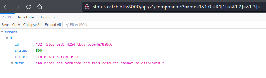 json output in the browser with a 500 internal server error
