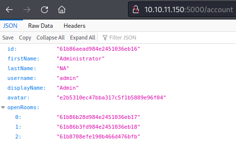 Json output showing information for an Administrator
