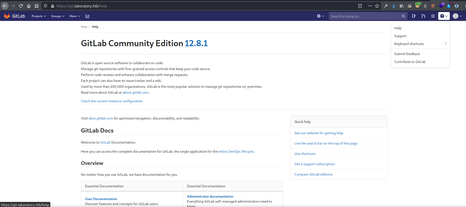 The help page showed the version number of GitLab