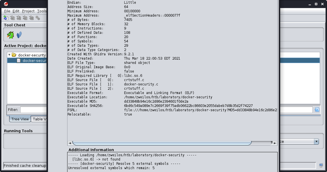 The Ghidra load screen showed the basic information about the binary file