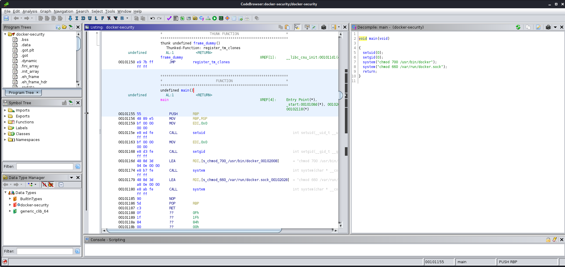 The main function of this program runs setuid and setgid to zero