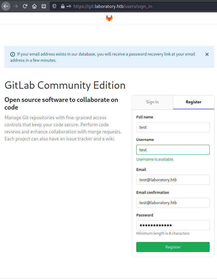 Registering for a new account on the site required using an email that ended in @laboratory.htb