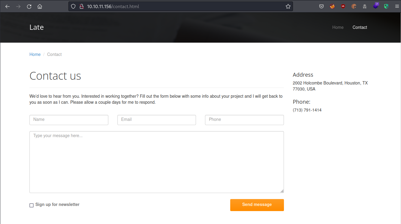 The Contact page showing a second address and phone number